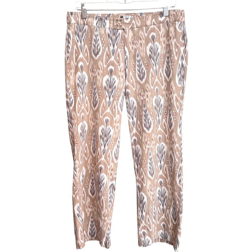 Carole Little Womens Ikat Print Linen Blend Straight Leg Pants Tan Blue Size 8